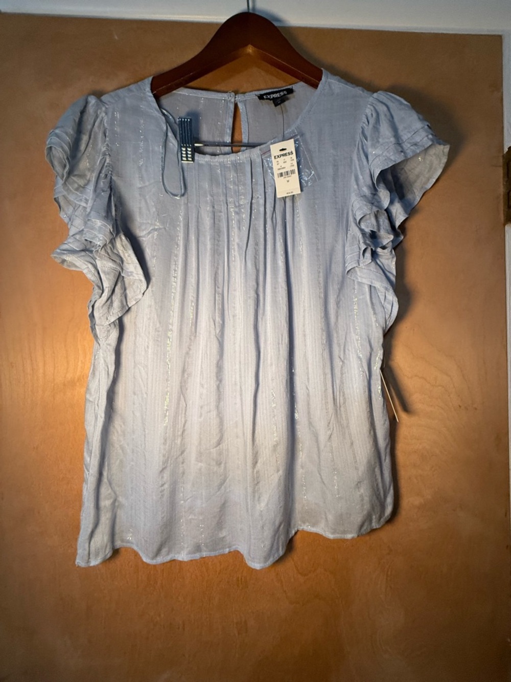 Express Light Blue Ruffle Sleeve Blouse with Shimmer Stripes